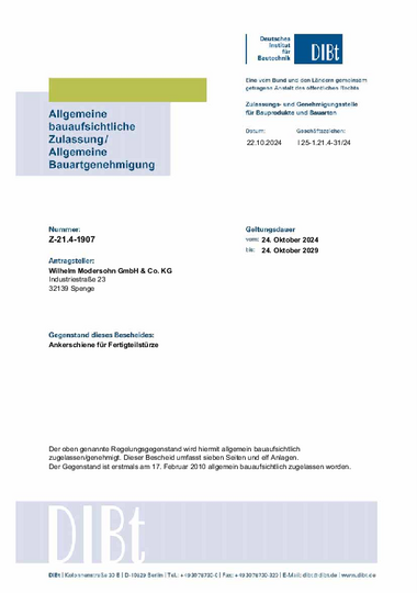 Allgemeine bauaufsichtliche Zulassung MOSO® Ankerschiene für Fertigteilstürze Z-21.4.1907
