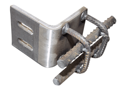 Mounting bracket - one side with serrated slotted holes - the other side with ribbed steel brackets for setting in concrete