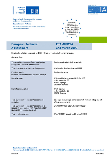 Document European Technical Assessment Anchor Channel MBA