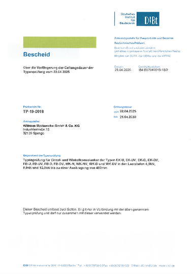 Prüfbericht TP-19-0018 - Typenprüfung für Einzel- und Winkelkonsolanker