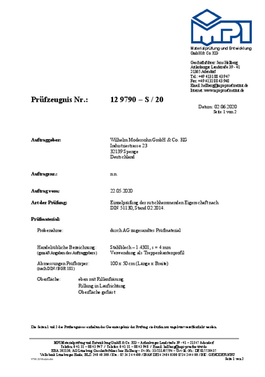 Prüfzeugnis Nr. 12 9790 - S /20 Rutschhemmung Treppenschutzwinkel
